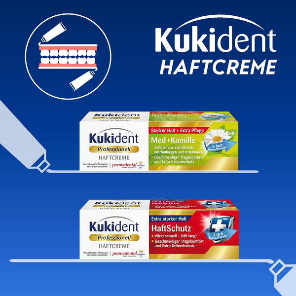 Kukident Professionell Haftcreme Med + Kamille - Haftmittel für Zahnprothesen - Starker Halt, extra Zahnfleisch-Schutz - 1 x 40 g