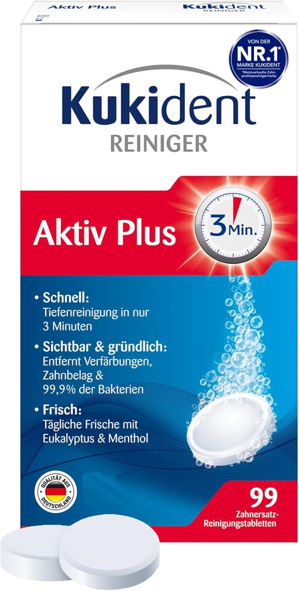 Kukident Aktiv Plus Reinigungstabletten - Tabs zur Reinigung von Zahnersatz, Zahnprothese &amp; Gebiss - 1 x 99 Tabletten 